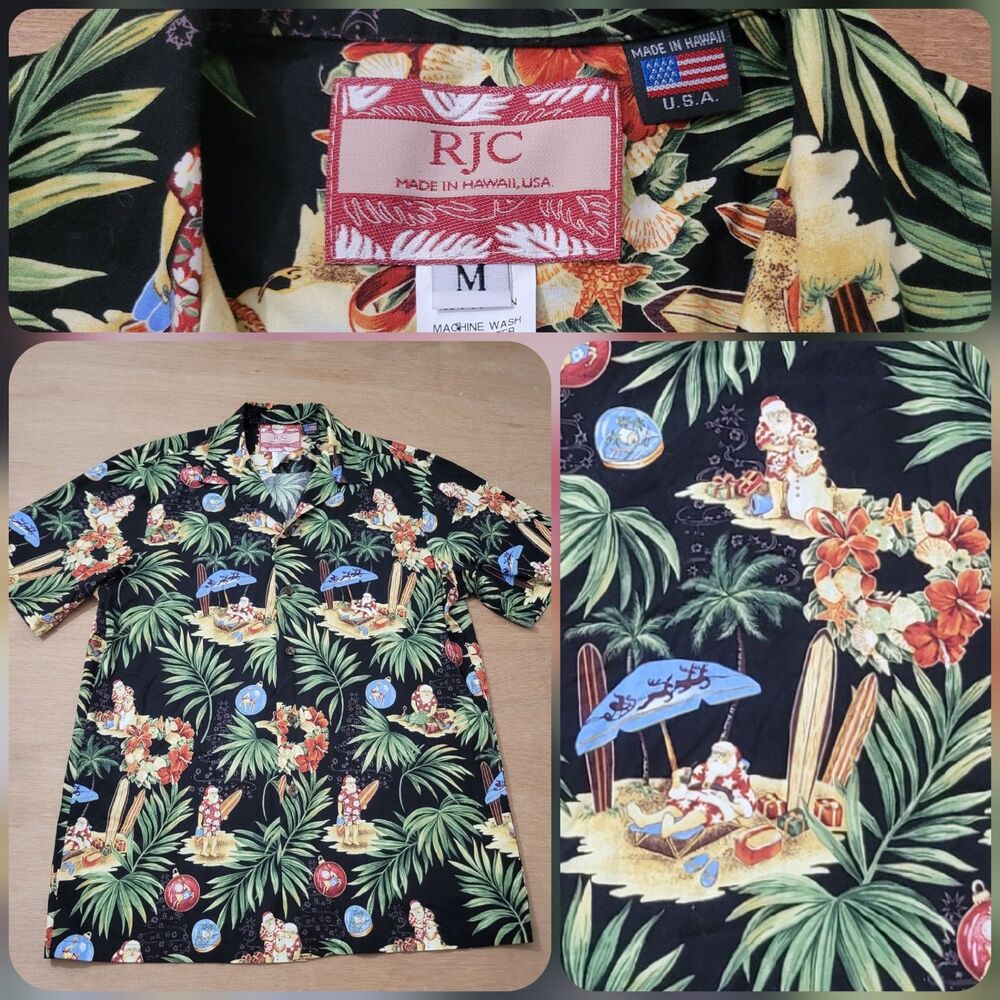 RJC Christmas Santa Hawaiian Vacation Button Up Shirt USA Made Size Medium Men